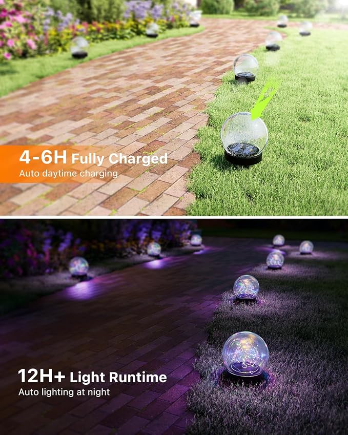 4 Pack Multicolor Solar Powered Cracked Glass Ball Lights Outdoor | Outside RGB Ambiance Orbs Lamps, for Garden, Patio, Table, Walkway, Stairs, Lawn, Landscape Decoration with Durable Stakes