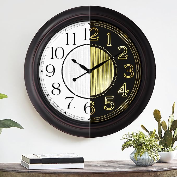 Retro Large Illuminated Outdoor & Indoor Wall Clock 18 Inch, Glow in The Dark Classic Clock with Smart Light Sensor Battery Operated, Vintage Night Light Clocks for Patio Garden Home Porch Pool