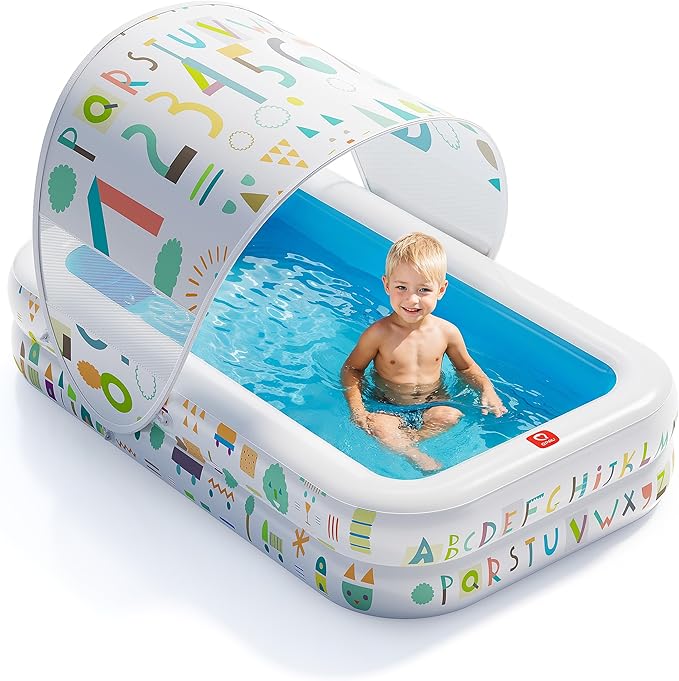 QPAU Baby Pool with Canopy, Inflatable Design, 65 x 39 in, Blue | Inflatable Design with Soft Cushioned Floor, Converts to a Ball Pit for Kids and Toddlers, for Indoor and Backyard Play