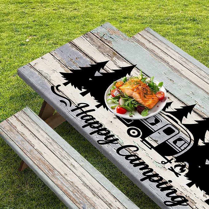 Picnic Table Cover with Bench Covers Elastic Edges, Wood Camper Fitted Table Cover, Outdoor Camping Essentials 72 Inch 3PCS, Waterproof Camping Fitted Tablecloth with Drawstring Bag