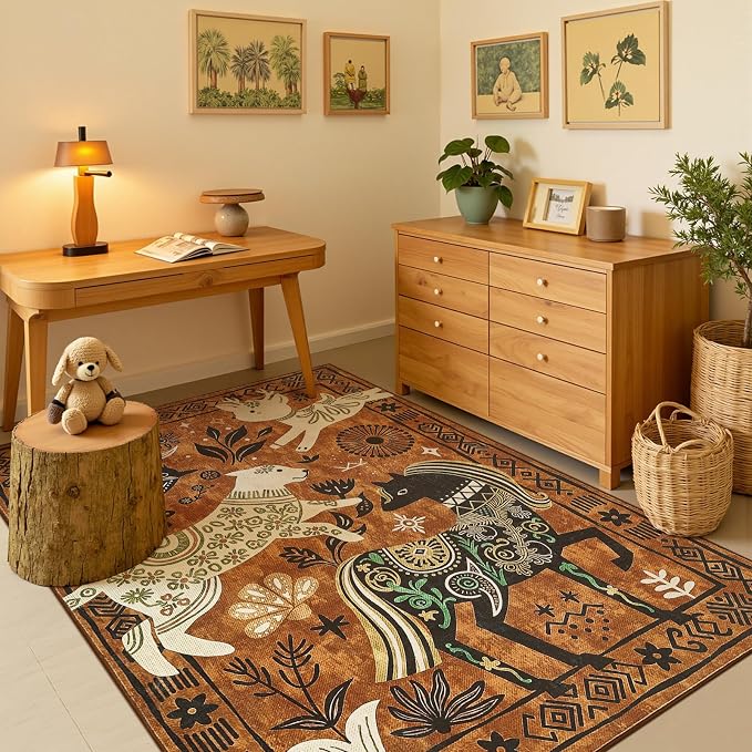 jinchan 5x7 Cute Area Rug Kids Washable Fun Rug Earthy Brown Starlit Boho | Soft, Cozy, Non-Slip, Kid-Friendly, Animal, Lightweight, Entryway, Kitchen, Dorm, Bedroom, Living Room, Playroom, Nursery