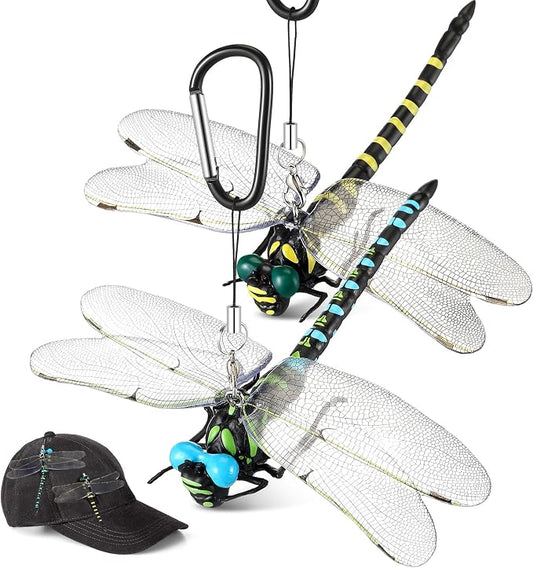 Qualirey 2pcs Dragonfly Hat Clip Realistic Simulated Dragonfly with Hook Clip Attach to Backpack Hat for Indoor Yard Garden Plant Decor (Yellow,Blue)