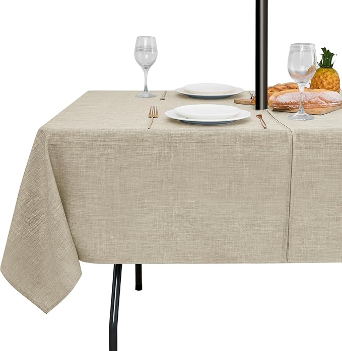 LUSHVIDA Outdoor Tablecloth with Umbrella Hole - Patio Table Cloth Zippered Rectangle 60x102 Inch, Faux Linen Table Cover Water Resistant for Picnic Outside, Natural Color