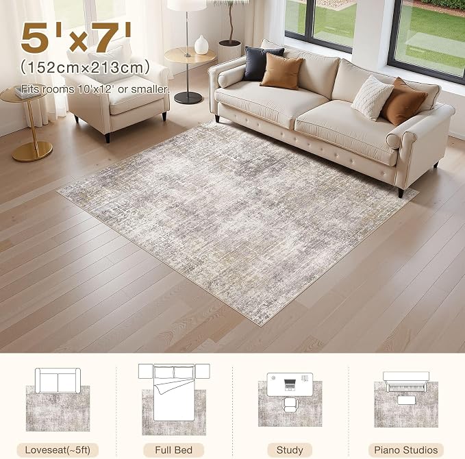 kakania Abstract 5x7 Area Rugs for Living Room: Washable Rugs Brown Gold | Soft, Non-Slip, Low-Pile, Pet & Kid Friendly - Modern Home Decor Carpet for Bedroom/Dining Room/Office/Nursery