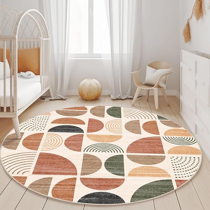 Round Rugs 5ft,Circle Area Rug Washable Non Slip Modern Abstract Boho | Circular Rugs for Bedroom Living Room Dining Room Throw Carpet Soft Low Pile Floor Indoor Bohemian Terracotta