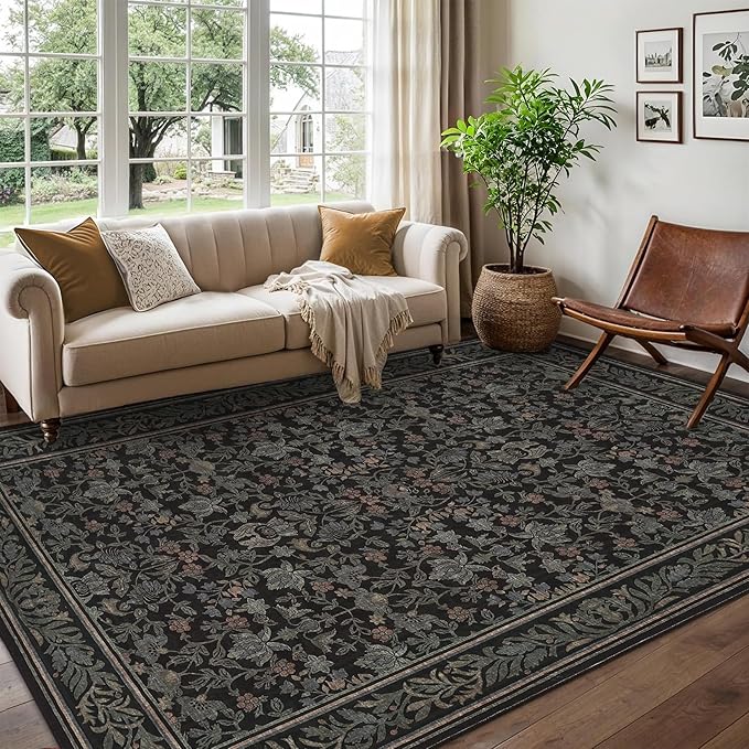 GarveeHome 6x9 Area Rugs for Living Room: Washable Bedroom Rug Black | Boho Vintage Non Slip Soft Low Pile Stain Resistant Indoor Carpet for Farmhouse Dining Room Nursery Home Office