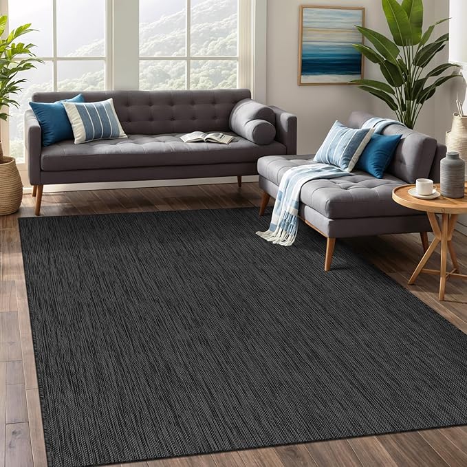 Beverly Rug Indoor Outdoor Rug 6x9, Washable Outside Carpet for Patio, Deck, Porch, Solid Modern Area Rug, Water Resistant, Dark Gray