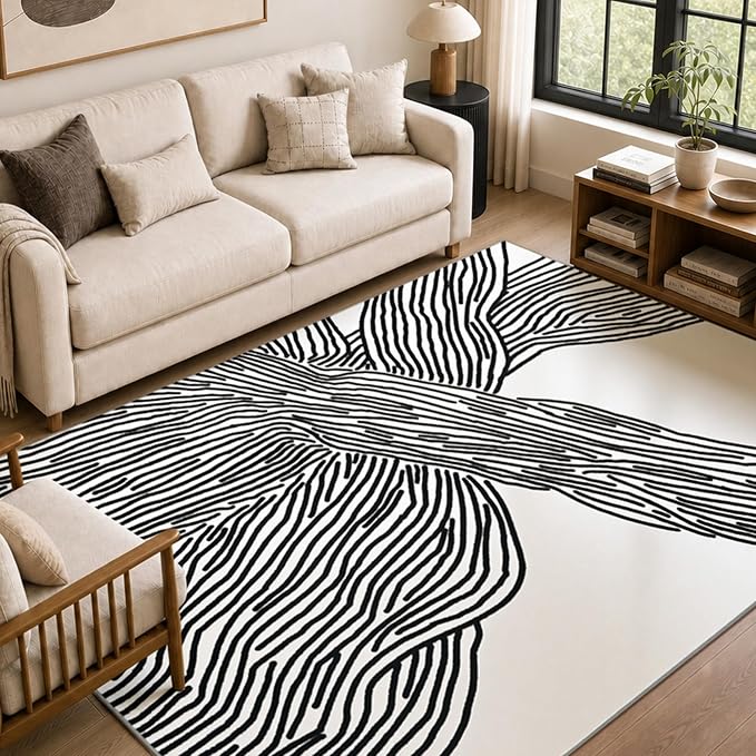 6x9 Ft Washable Area Rug, Black and Cream White Zebra Rug for Living Room | Modern Abstract Zebra 6x9 Rug with Soft Low Pile and Non-slip Backing; Machine Washable for Living Room, Bedroom, Dining Area