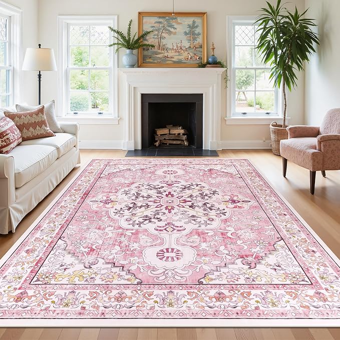 U'Artlines Boho Vintage Area Rug 8x10 Machine Washable Carpet, Pink | Low Pile, Non Slip, Ultra-Thin Soft Floor Carpet, Accent Rug for Living Room Bedroom Entryway Dining Room Office