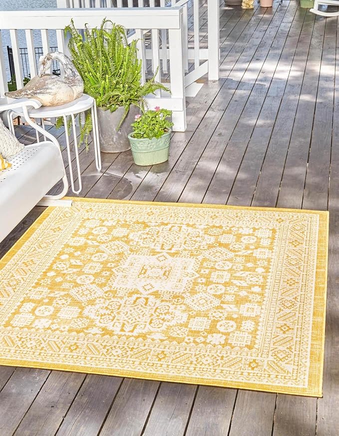 Unique Loom Outdoor Aztec Collection Area Rug - Chalca (10' Square, Yellow/ Ivory)