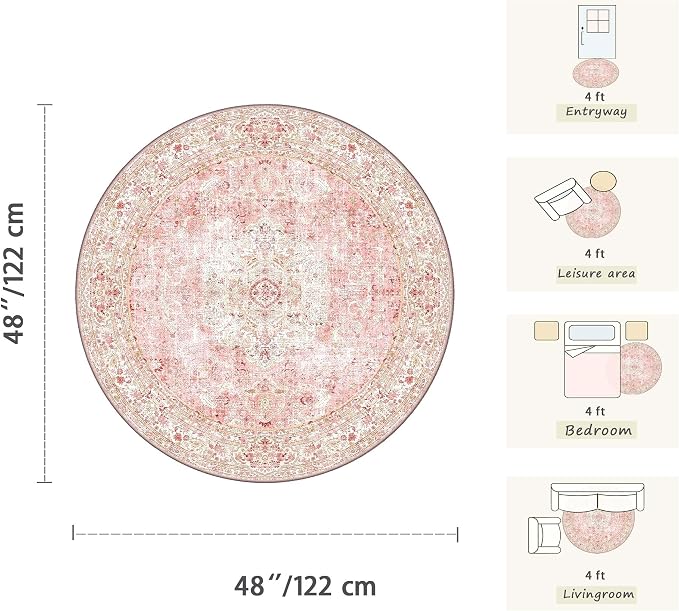 Latte&Fog 4ft Pink Round Area Rug for Girl Bedroom Washable Cute Circle Rug | Non Slip Low Pile Soft Floral Small Carpet for Kids Playroom Nursery Classroom Dorm Decor Dining Kitchen Farmhouse Office