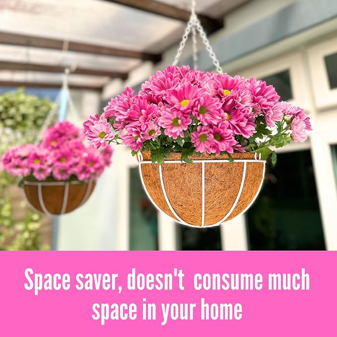 LaLaGreen Hanging Baskets Outdoor (4 Pack, 14 Inch) Extra Large White Hanging Planter with Coco Liner Round Flower Pot, Black Metal Wire Plant Holder Hook Deck Porch Farmhouse Garden Balcony Decor