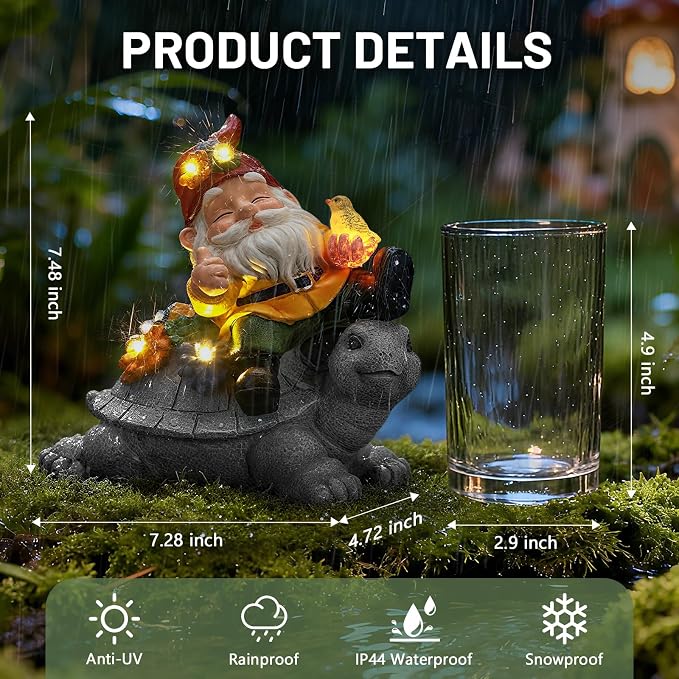 Solar Gnome Statue Outdoor Decor,Gnome on Turtle Figurines with LED Light for for Garden Yard Balcony Lawn Christmas Housewarming for Women Mom Grandma