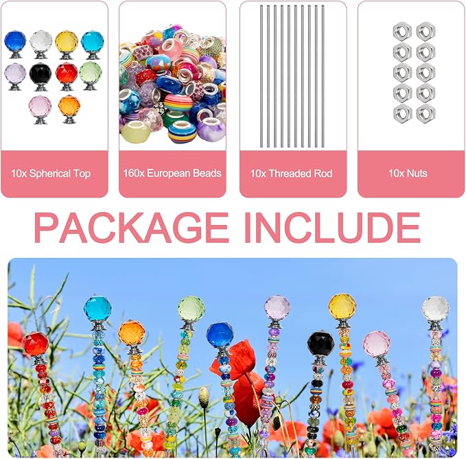 230 Pcs DIY Beaded Garden Stakes Kit with Crystal Stoppers | Garden stakes kit with beads colorful crystal stoppers, DIY fairy wands, garden decor, outdoor crafts