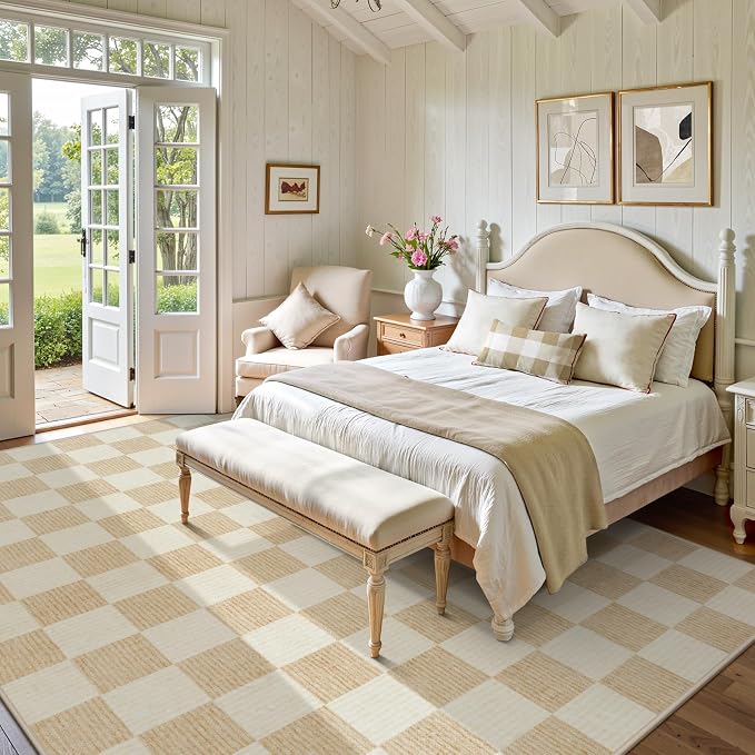 LIVEBOX 8x10 Area Rugs for Living Room, Checkered Non-Slip Washable Rugs, Farmhouse Neutral Classic Geometric Pattern Large Boys Area Rug for Bedroom, Carpet for Dining Room Office(Ivory,8'x10')