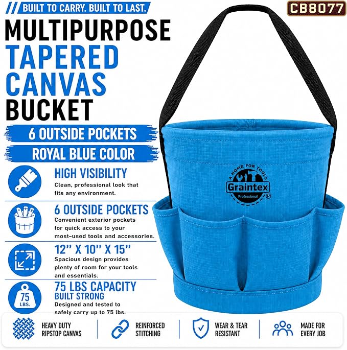 Graintex Tapered Canvas Bucket 12"x10"x15", Utility Tool Bucket 6 Pockets Outside, Reinforced Base & Carry Handle, Ripstop Canvas, Multi-Purpose Bag for Jobsite & Home Use - Royal Blue