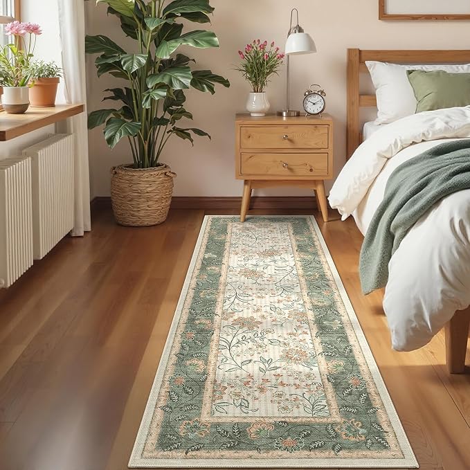 GarveeHome 2x6 Washable Runner Rug Sage Green Non Slip Kitchen Runner | Hallway Soft Botanical Floral Farmhouse Laundry Mat Stain Resistant Carpet for Bedroom Bathroom Bedside Rug