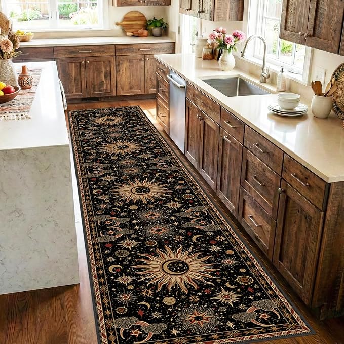 Vacuum-Friendly, 2x10 Washable Area Rug, Black Gold Beige Red | Sun and Moon Boho Gothic Non-Slip Low Pile Living Roon Bedroom Dining Room Kitchen Entry Entryway Entrance Hallway Doormat