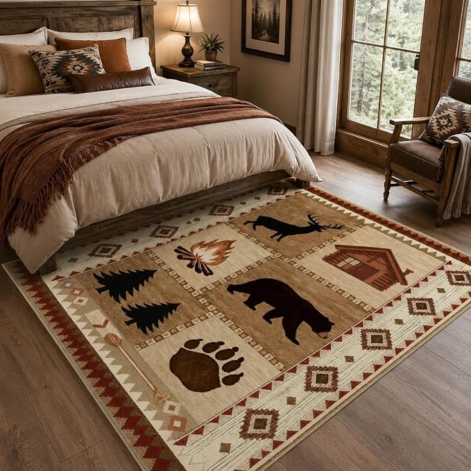 Cabin Bear Lodge Area Rug 3x5 Rustic Deer Wildlife Western Rug Country Farmhouse Machine Washable Non-Slip Printed Low-Pile Indoor Carpet for Entryway Living Room Bedroom Dining Room