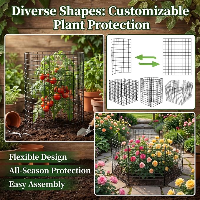 10 Packs Plant Protectors from Animals, 30Pcs 12"x 16" Large Metal Wire Mesh Garden Plant Cages for Outdoor Gardening, Chicken Wire Cloche Plant Cages for Rabbits with Zip Ties & Stakes(Black)