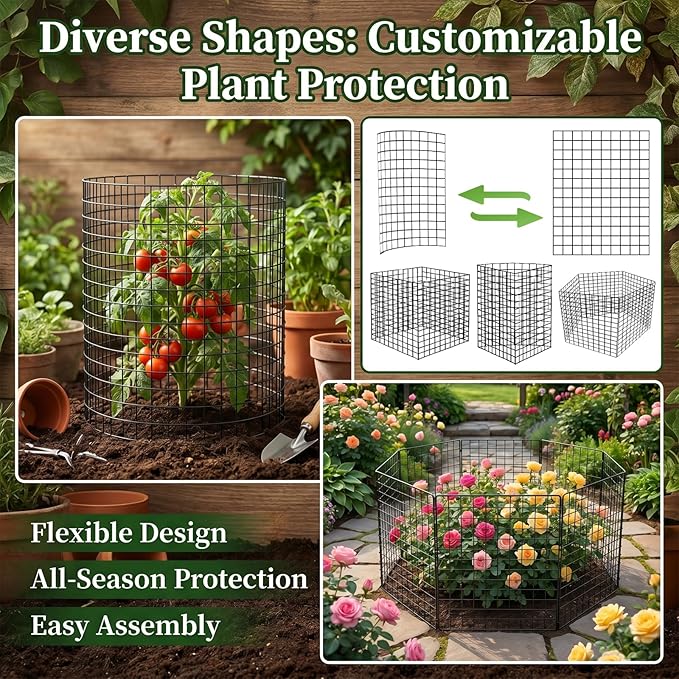 15 Packs Plant Protectors from Animals, 45Pcs 12"x 16" Large Metal Wire Mesh Garden Plant Cages for Outdoor Gardening, Chicken Wire Cloche Plant Cages for Rabbits with Zip Ties & Stakes(Black)