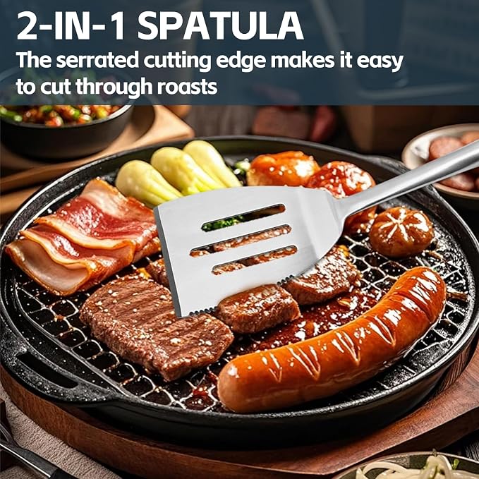 Heavy Duty Grilling Accessories Grill Tool Set 3-Piece SUS304 BBQ Utensils | Stainless Steel BBQ Utensils, Heat-Resistant Silicone Handle, Spatula, Tongs, Fork, For Outdoor Cooking