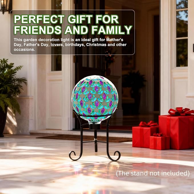 SAVENNA Mosaic Garden Gazing Ball 10 Inch, Glass Decorative Sphere for Indoor & Outdoor Garden, Patio, Home & Yard, Blue & Green Lotus Pattern