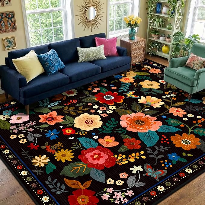 RELEANY Floral Washable 9x12 Area Rugs Black | Flower Carpet, Print, Boho, Non-Slip, Easy to Clean, Soft, Low Pile for Living Room Bedroom Kitchen Office Entryway Hallway