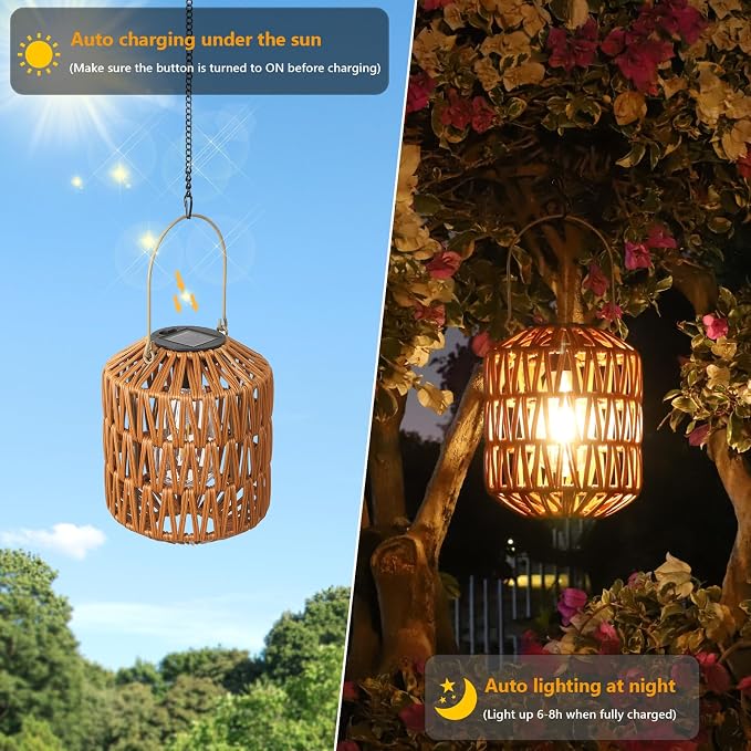 Eyassi Rattan Solar Lights, 4 Pack Solar Lanterns Outdoor Waterproof, Outdoor Lights for Yard, Hanging Lantern with Handle, Decorative Lanterns for Garden, Tabletop, Tree Lighting (Bulbs Included)