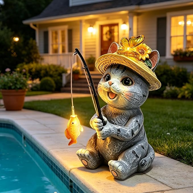 Solar Garden Outdoor Cat Statues with Butterfly, Fishing Cat Figurine Solar Lights Waterproof, Housewarming Birthday Gifts for Cat Lovers Mom Women, Lawn Home Decor for Patio Balcony Yard Ornaments