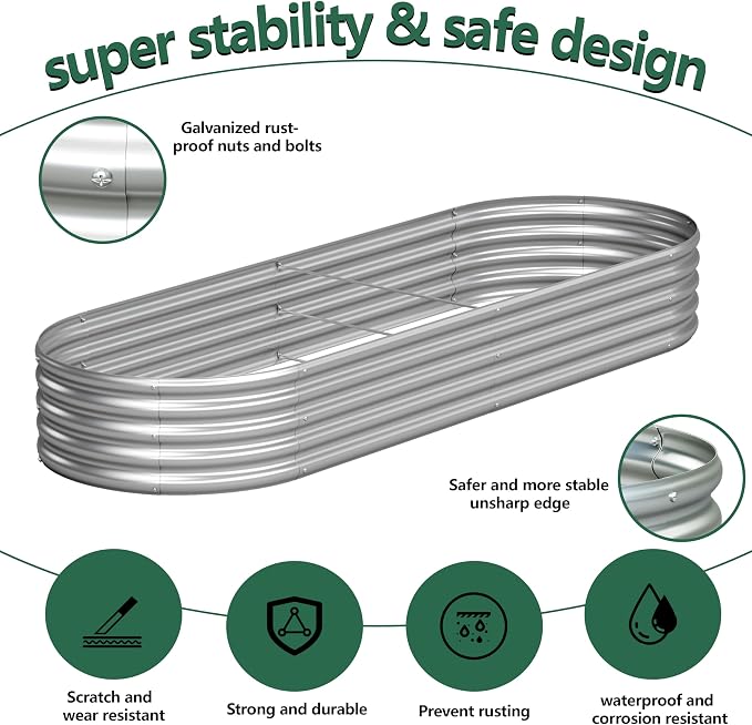 Galvanized Raised Garden Bed Outdoor, 8x2x1ft(2Pack) Metal Heavy Duty Planter Boxes for Gardening, Easy Assemble Bottomless Small Oval Plant Container Kit for Vegetable, Flower, Fruit, Silver