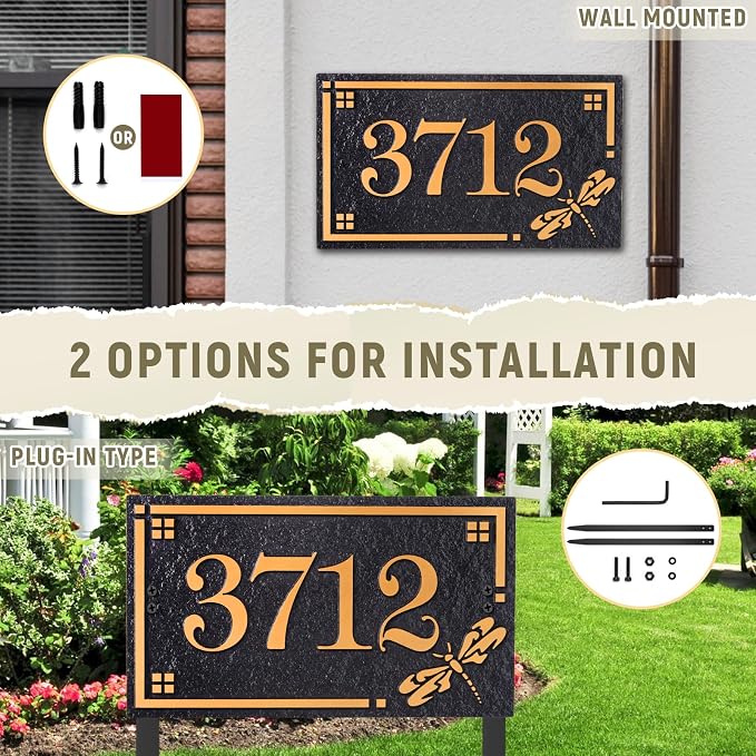 House Address Sign Address Plaque for Outside Custom Street Name Address Sign House Number with Lawn Stake (Black/Gold)
