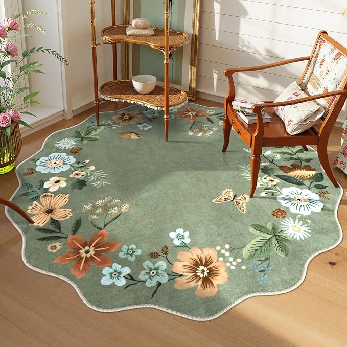 Lahome Floral Washable Round Area Rug, Soft Round Rug 5ft Soft Non-Slip | Non-Shedding Boho Circle Carpet for Bedroom Living Room Bathroom Nursery Kitchen, Green