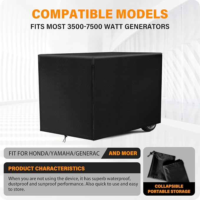 Generator Cover 24”L x 18”W x 20”H, Fits Most 3000-5000W Generators, Heavy-Duty Waterproof Oxford Fabric, Windproof with Zipper Closure for Outdoor Protection