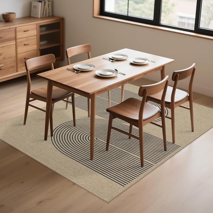 Easy Jute Rug 5x7 Outdoor: Natural Area Rugs for Patio Linen-Look Fabric Durable - Washable Carpet for Living Room Bedroom - Black Stripes