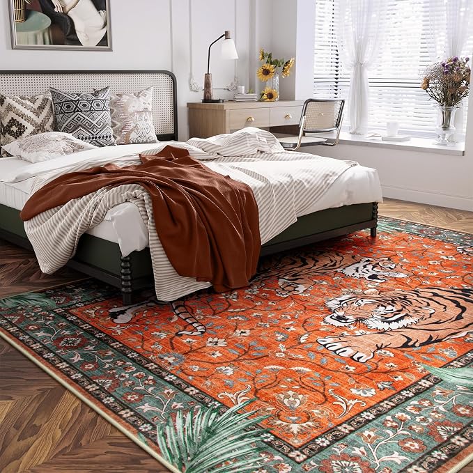 Moynesa Tiger Washable Area Rug, Boho 6x9 Rug for Living Room, Vintage Large Soft Bedroom Rug, Non Slip Ultra Thin Stain Resistant Floor Carpet for Dining Room Home Office, Rust
