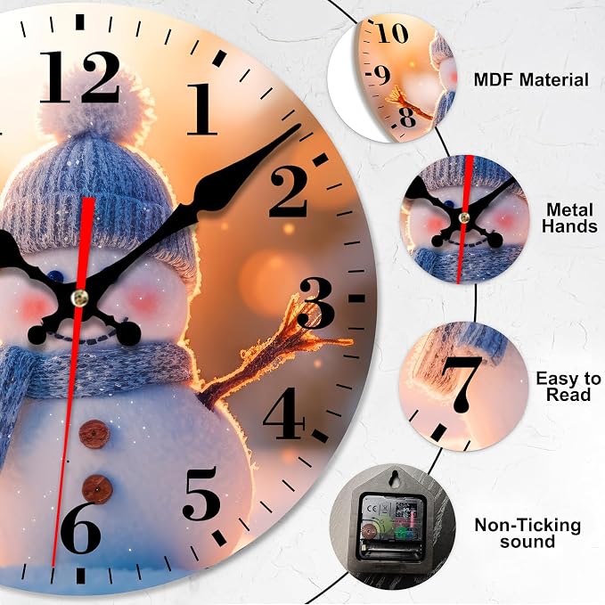 Wall Clock, Cute Christmas Winter Snowman Silent Non Ticking Battery Operated Round Decorative Indoor Outdoor Clocks for Living Room Kitchen Bedroom Bathroom Patio 12"