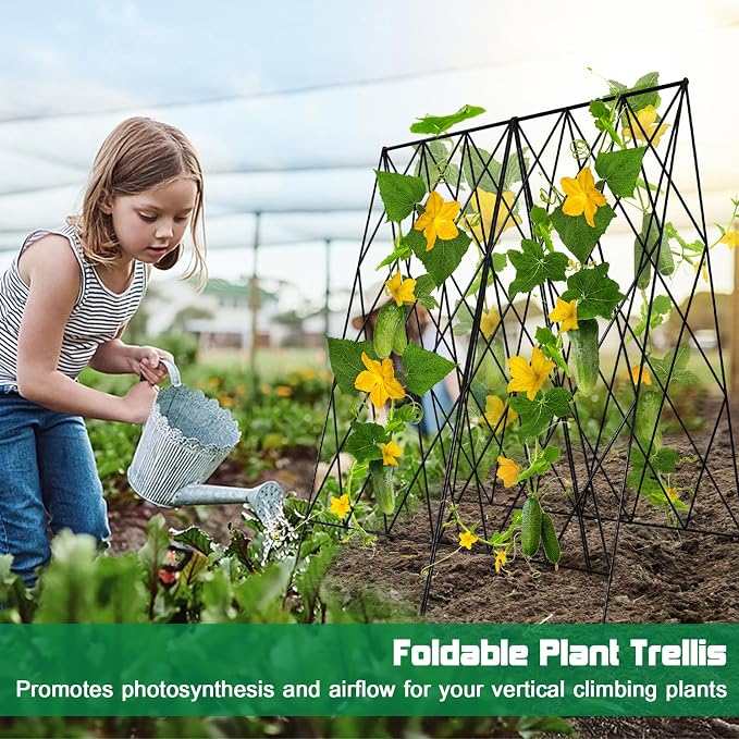 DoCred Cucumber Trellis, 39.4" H 2 Pack Metal Foldable Thickened A Frame Garden Trellis for Raised Bed Climbing Plants, Vegetables, Including Plant Support Clips, Twist Ties, Plastic Ties, Black