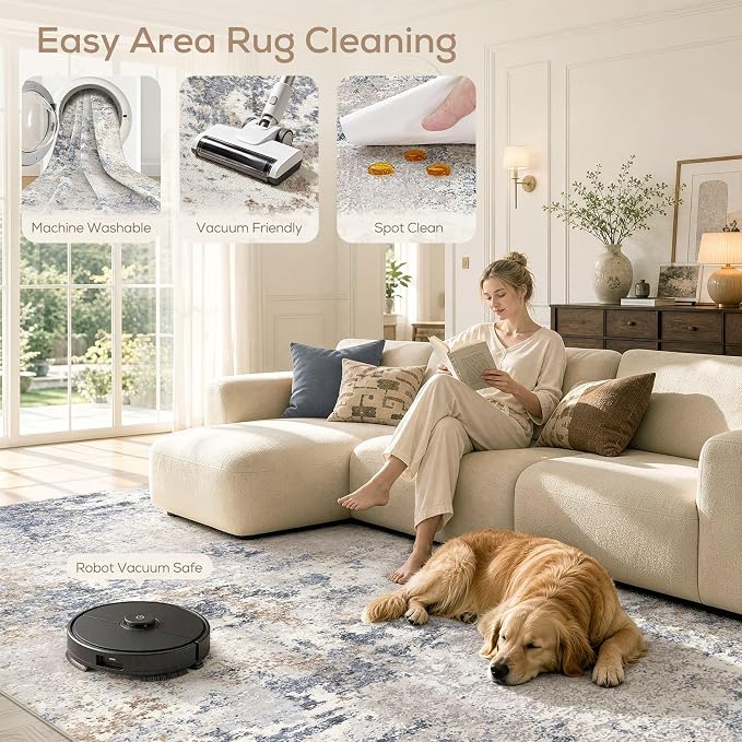 Nakagishi 10X14 Abstract Washable Area Rugs for Living Room-Blue Grey | Modern Non-Slip Silicone Backing Low Pile Soft Carpet for Bedroom Dining Decor Ideal for Families with Kids and Pets