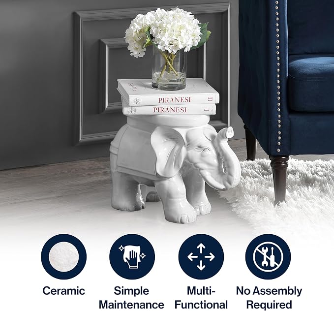 JONATHAN Y White Elephant 14.25" Glazed Ceramic Elephant Garden Stool, Weather-Resistant Indoor/Outdoor Patio Side Table and Plant Stand, Bohemian, Antique White TBL1007A