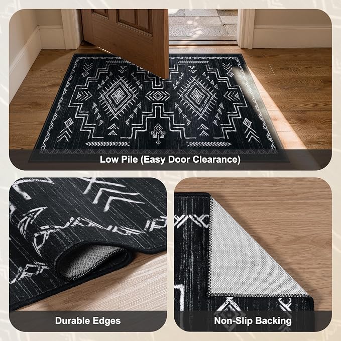 STARUIA Moroccan Washable 5x7 Area Rugs, Black Western and Aztec Tribal Boys Neutral Rug for Living Room, Soft Non-Slip Stain Resistant Large Carpet for Bedroom Dining Table Office