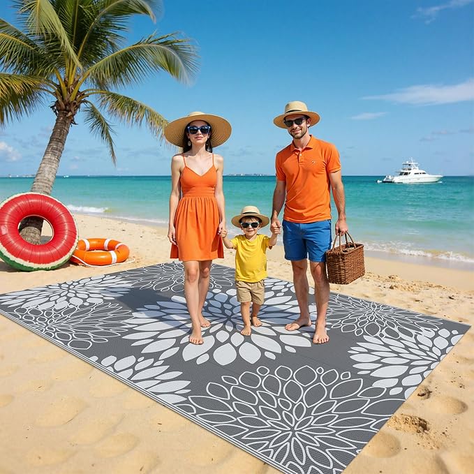 Ileading Waterproof Outdoor Rug 5x8, Reversible Plastic Straw Patio Rug, Portable Indoor Outdoor RV Camping Mat Carpet for Deck, Porch, Balcony, Backyard, Picnic, Floral Grey
