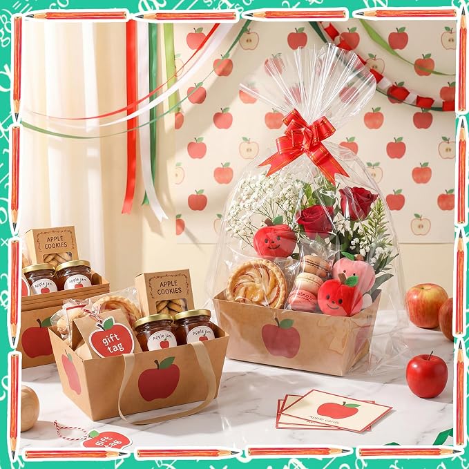 Qinyoung 12 Pcs Apple Kraft Baskets for Gifts Empty Teacher Appreciation Gift Basket with Handles, Pull Bows, Cellophane Bags and Twist Ties for CNA Teachers Week & Back to School Events, 9.8x6.5''