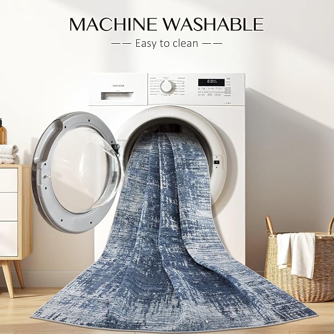 kakania Abstract 9x12 Area Rugs for Living Room: Washable Rugs Dark Blue | Soft, Non-Slip, Low-Pile, Pet & Kid Friendly - Large Modern Home Decor Carpet for Bedroom/Dining Room/Office/Nursery