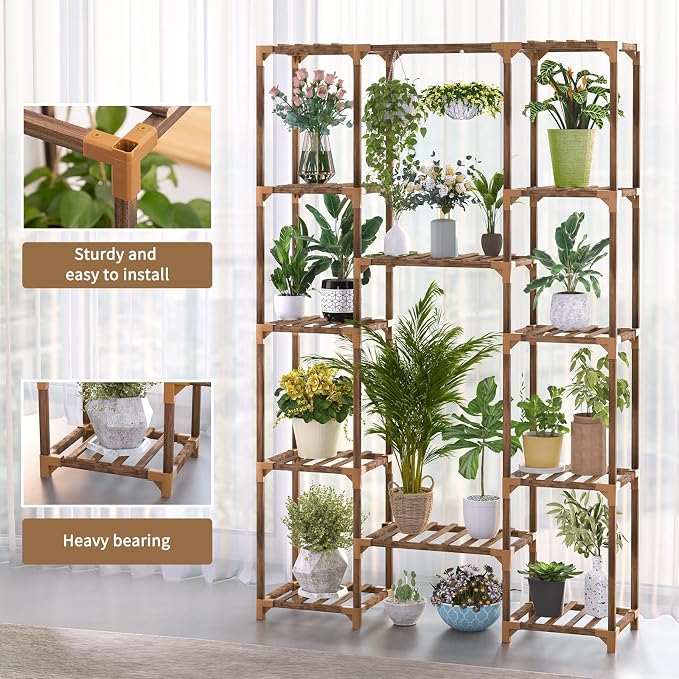 Uneedem Plant Stand Indoor Outdoor, Tall Plant Shelf for Multiple Plants, 12 Tiers Large Plant Rack Wood Plant Holder Plant Shelves for Room Corner Balcony Garden Patio