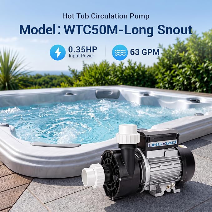 Hot Tub Circulation Pump, 0.35HP, 230V - Model: WTC50M-Long Snout | LX SPA Pump Motor, Low Noise, Easy Installation, 63GPM Compatible with OEM Model, Includes a 1.5-inch Unions.