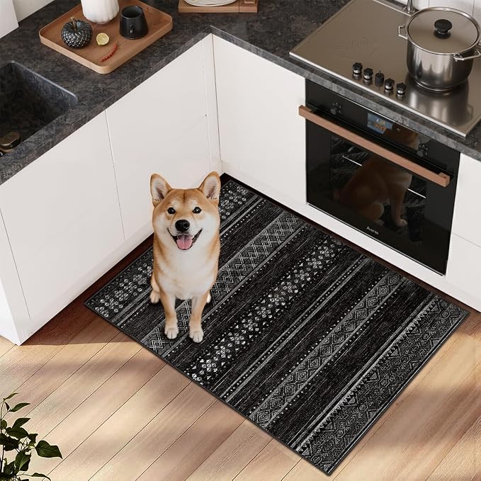 3x5 Washable Area Rugs for Living Room Boho Bathroom Rug Black/White | Vacuum Friendly, Machine Washable, Non-Slip Rug, Stain Resistant, Moroccan Geometric, Low Pile Carpet, Entryway Kitchen