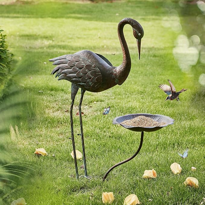 36"H Crane Bird Bath,Metal Birdbaths for Outdoor,Bird Feeders for Outdoors | Heron Garden Statues With bird bath,Vintage Birdbath for Garden Patio Lawn Decor