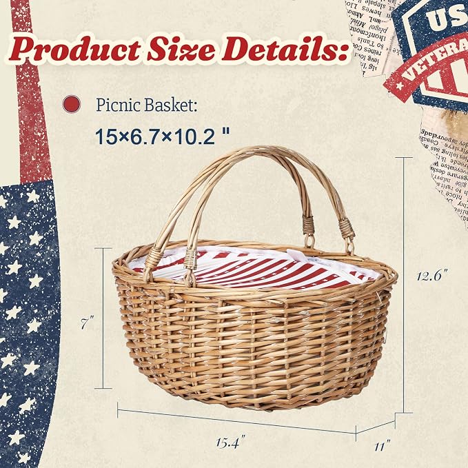 Wicker Picnic Basket with Insulated Lined Bag 15“ x 11” x 7“ Red, White Star Stripe Pattern, Iced Beer Insulated Bag for Camping, Picnics, Birthday Gifts, Wedding Gifts