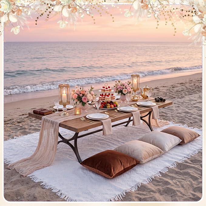 Moukeren 10 Pcs 71''x102'' Extra Large White Outdoor Boho Picnic Blanket with Table Runner and 8 Throw Pillow Covers Oversized Washable Portable Beach Blanket for Picnic Camp Lawn Wedding